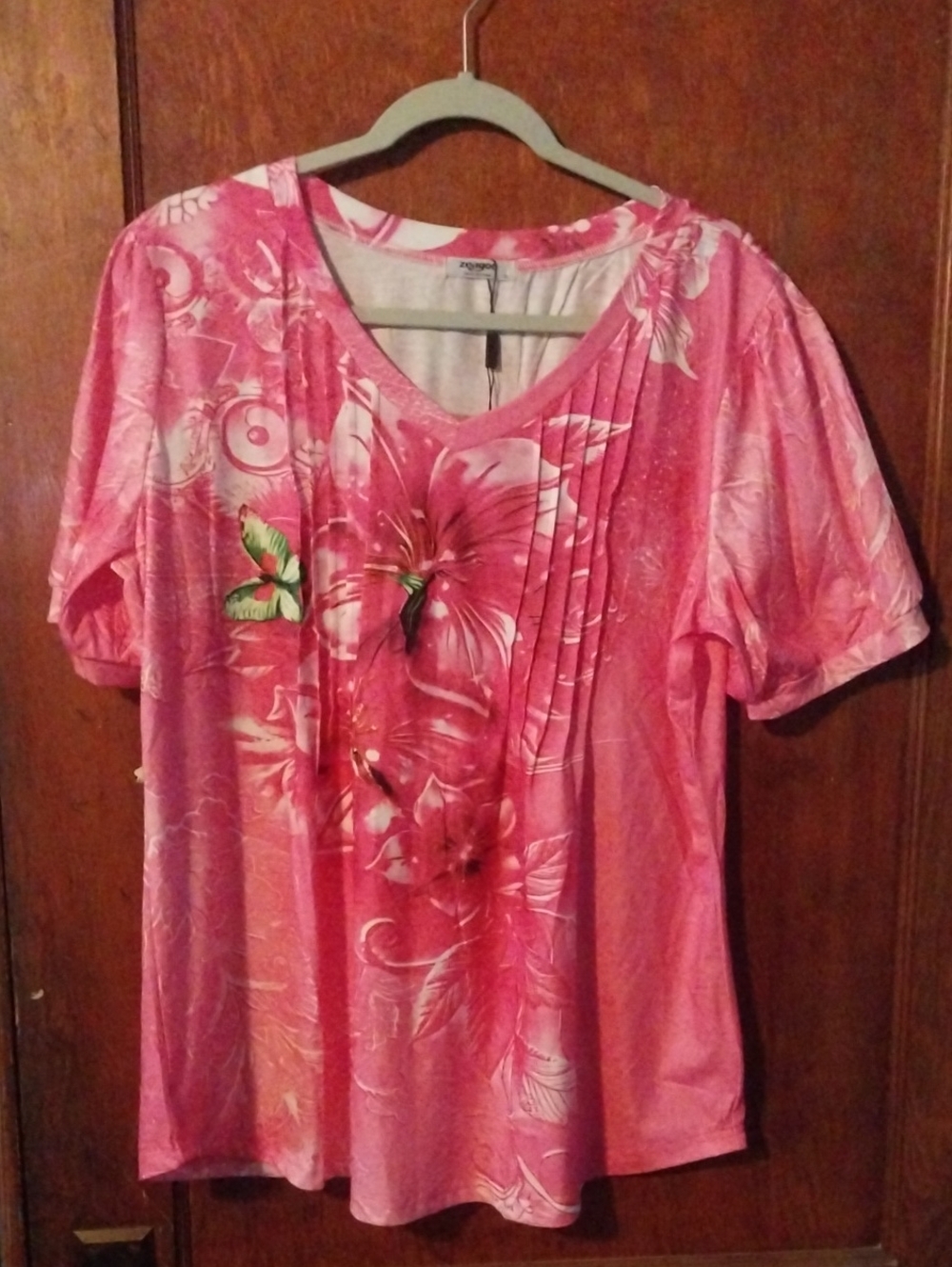 Zeagoo Pink Floral Pleated Short-Sleeve Tee